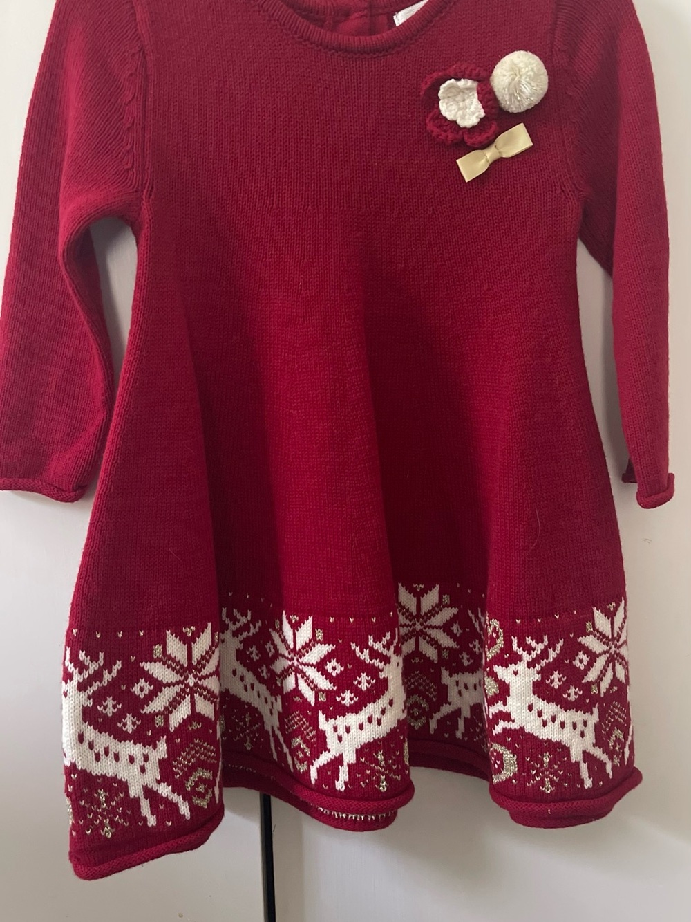 Red Knit Holiday Dress with Reindeer Trim